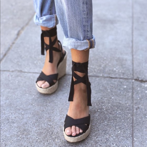 Lulus Shoes - Black Lace Up Espadrille Wedges